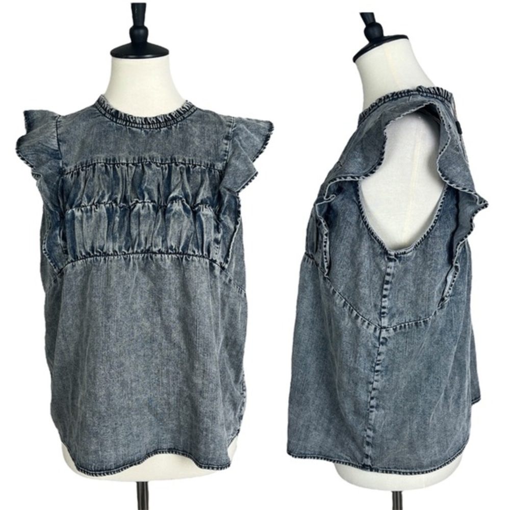 Rails Filomena Faux Denim Cap Ruffle Sleeve Top Blue Ink‎ Wash Sz M NEW $178